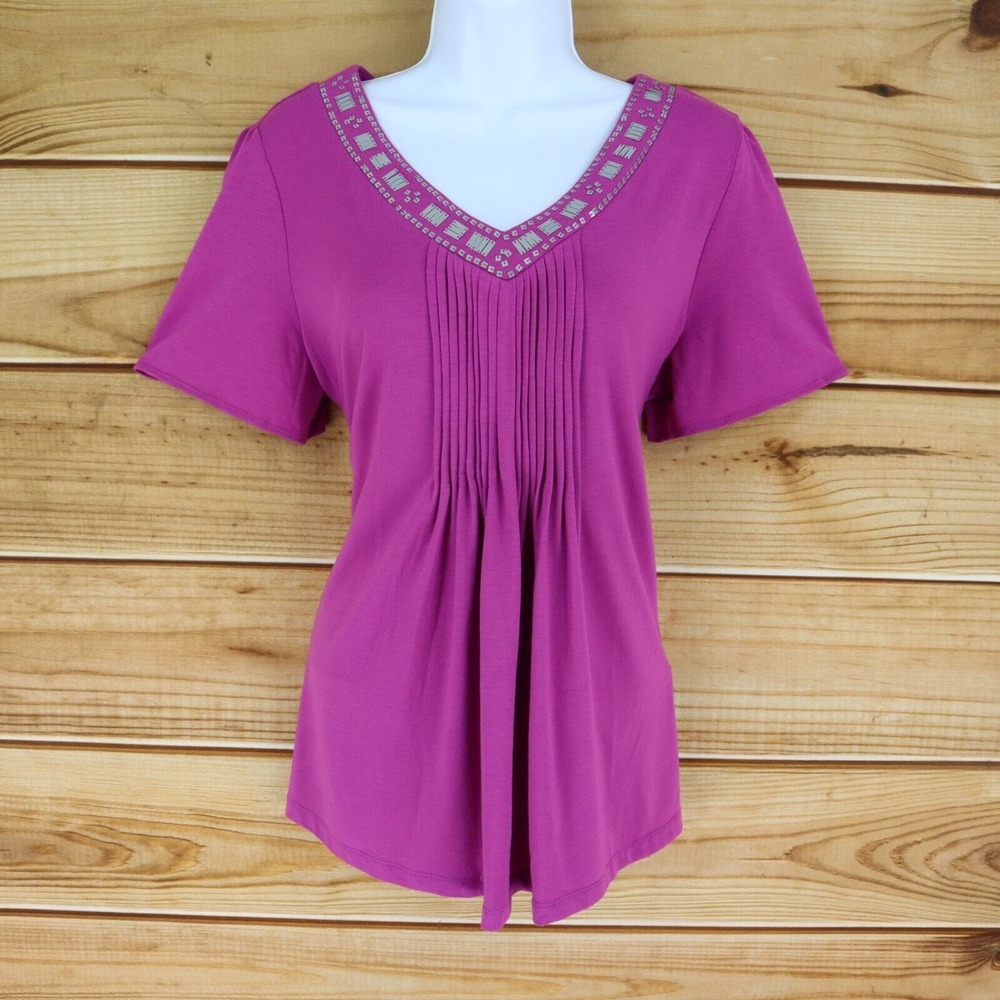 Jaclyn Smith Blouse Pleated Front V-Neck Womens L Purple Short Sleeve Paillettes